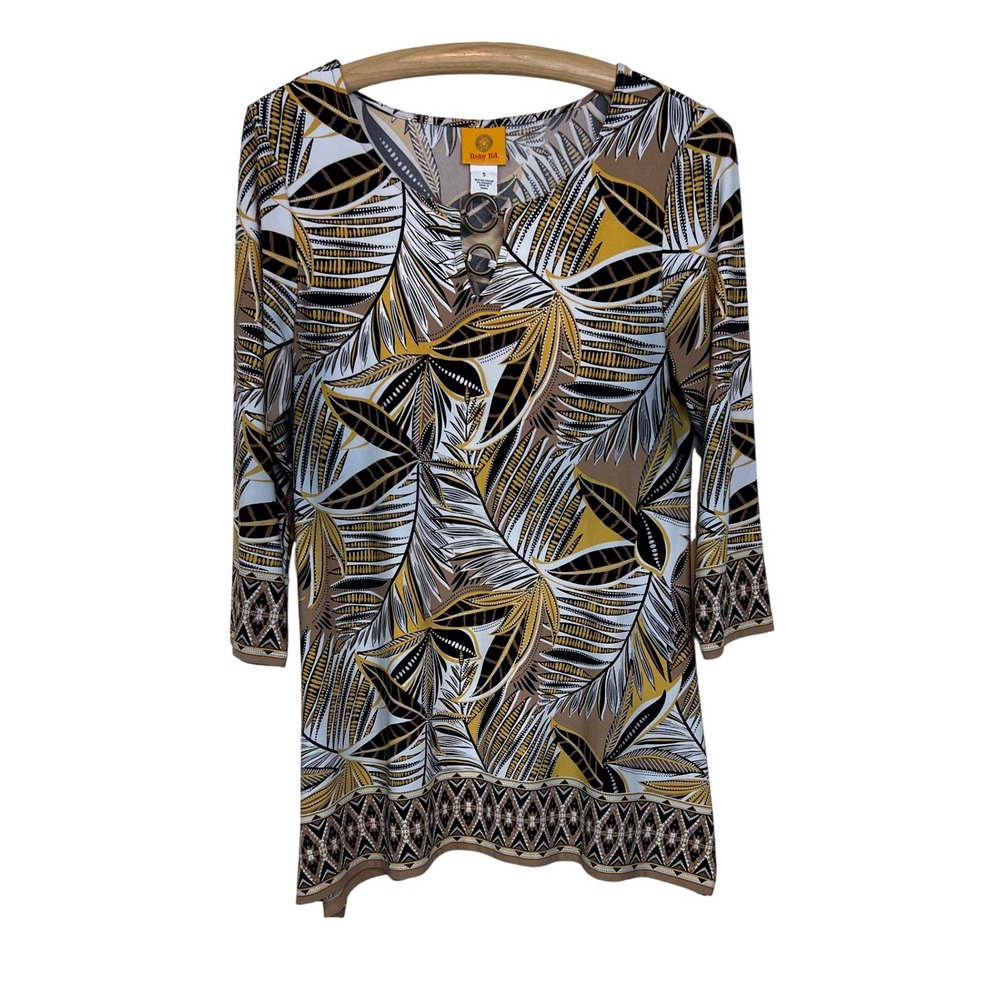 Ruby Rd Top Women Small Brown Tropical Leaf Keyhole 3/4 Sleeve Blouse A34